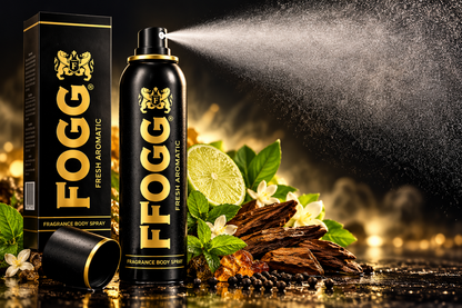 FOGG Fresh Aromatic 120ml black body spray can and matching box releasing a fine fragrance mist, surrounded by fresh lime, green leaves, white flowers and aromatic wood against a dramatic black-and-gold background.