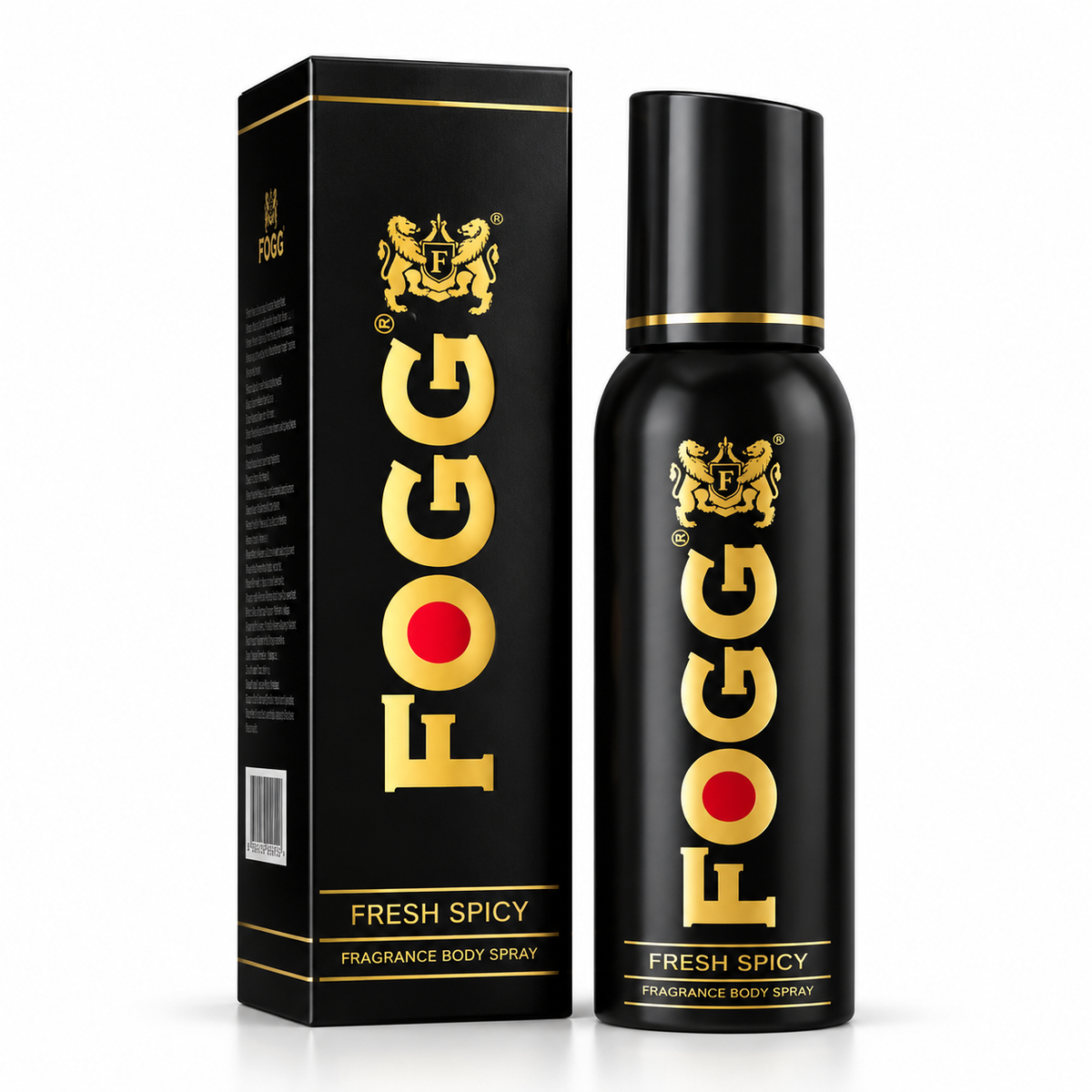 FOGG Fresh Spicy 120ml body spray in a black and gold bottle with matching product box on a white background.