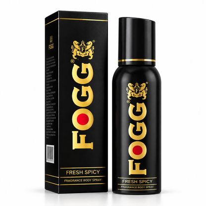 FOGG Fresh Spicy 120ml body spray in a black and gold bottle with matching product box on a white background.