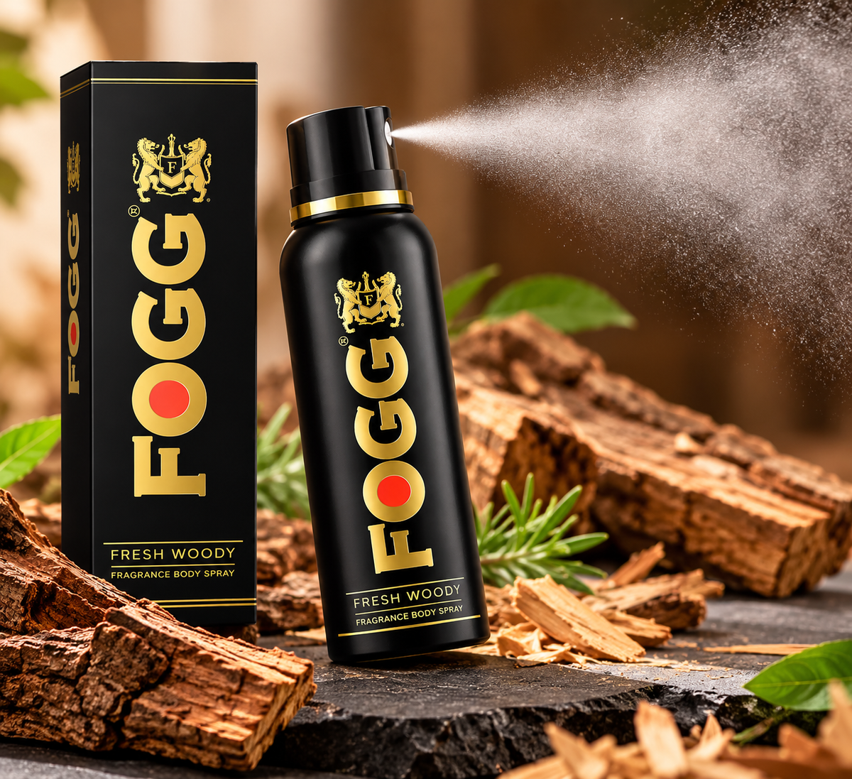 FOGG Fresh Woody body spray 120ml spraying a fine fragrance mist beside its black and gold box, with natural wood textures and green foliage.