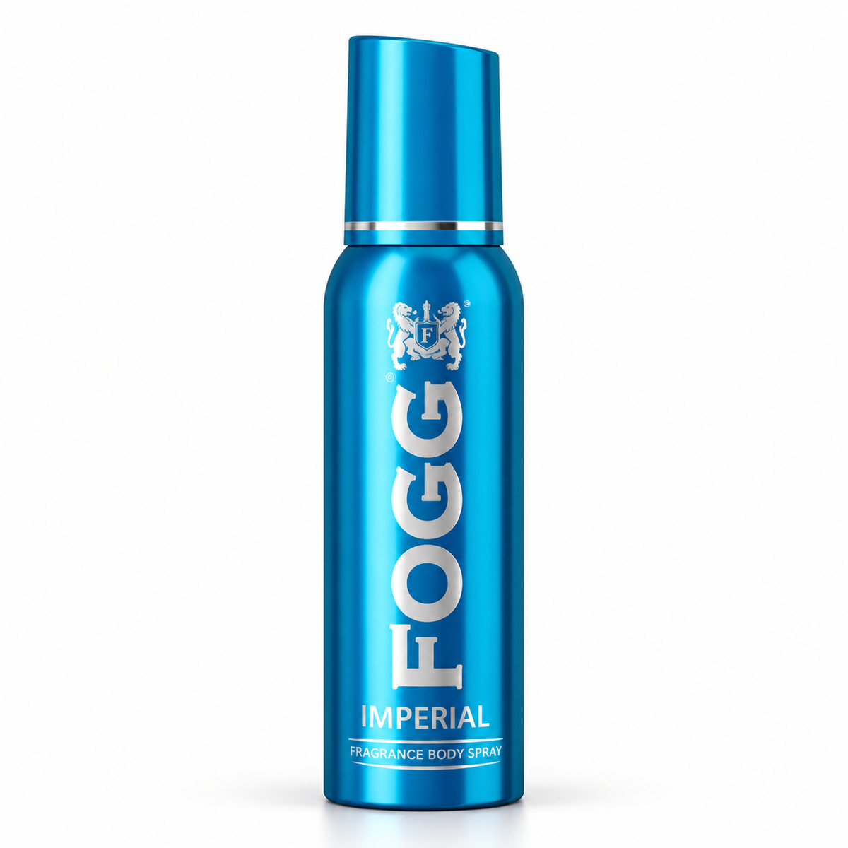 FOGG Imperial 120ml body spray in a metallic blue fragrance can with silver lettering on a white background.