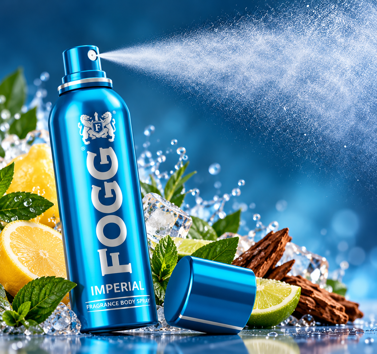 FOGG Imperial 120ml blue body spray releasing a fine fragrance mist with lemon slices, green leaves and ice cubes.