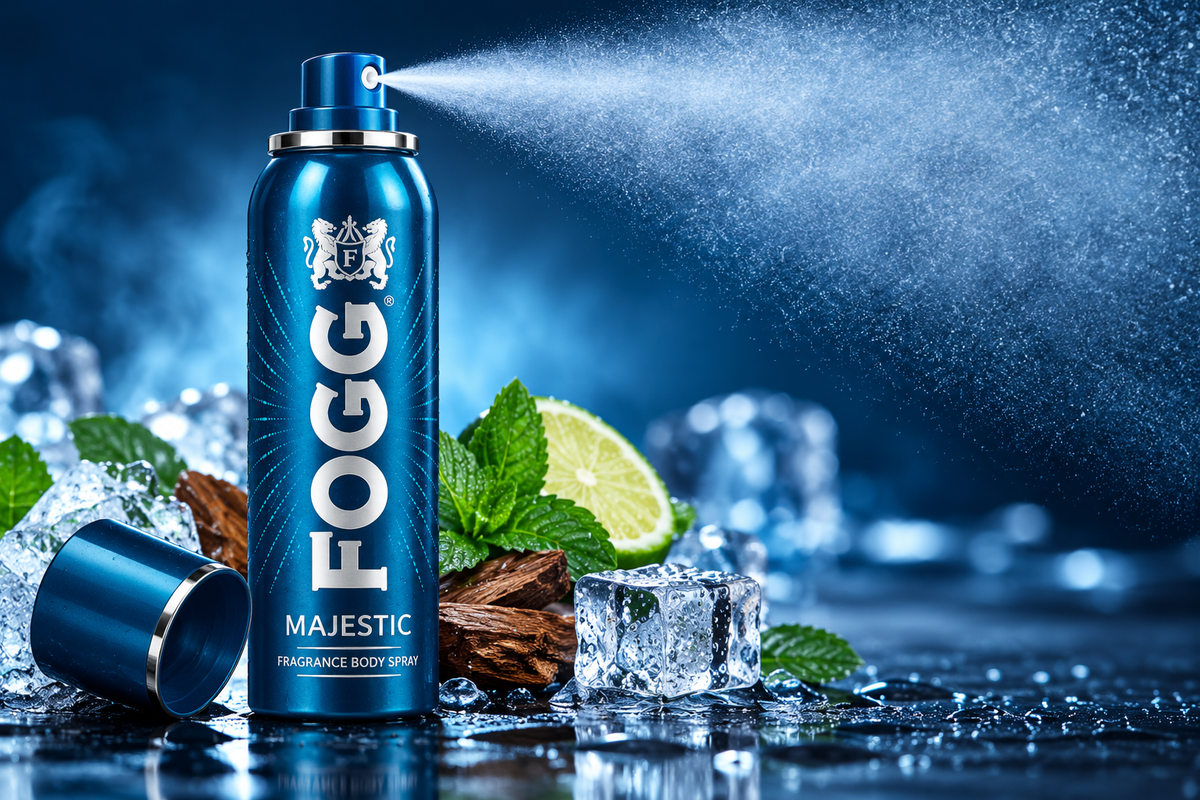 OGG Majestic 120ml fragrance body spray in a metallic blue can spraying a fine mist, surrounded by ice, fresh mint, lime and water droplets against a cool blue background.