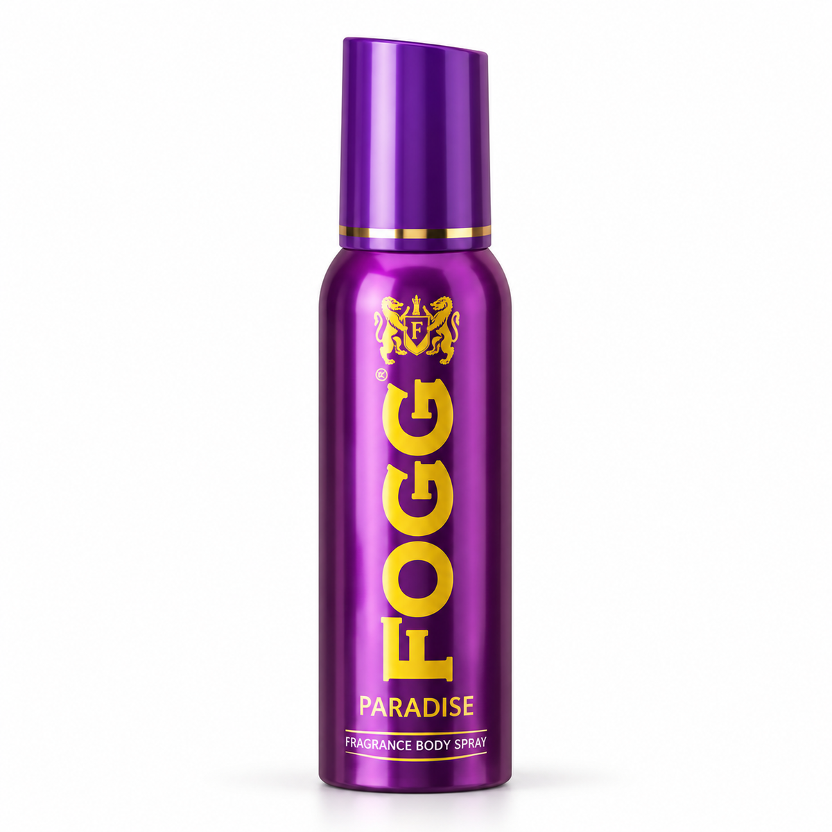 FOGG Paradise body spray 120ml purple fragrance spray can with gold lettering.