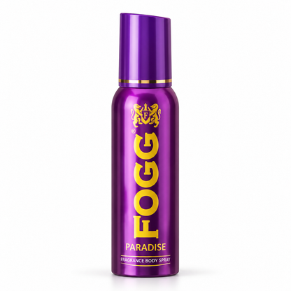 FOGG Paradise body spray 120ml purple fragrance spray can with gold lettering.