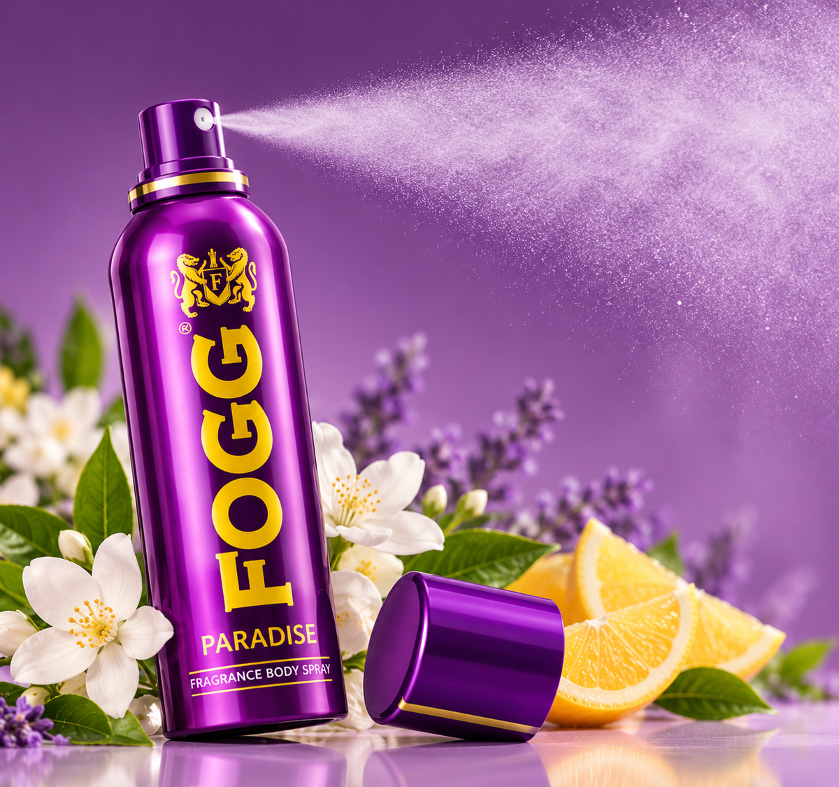 FOGG Paradise 120ml purple body spray releasing a fine fragrance mist with flowers and citrus slices.