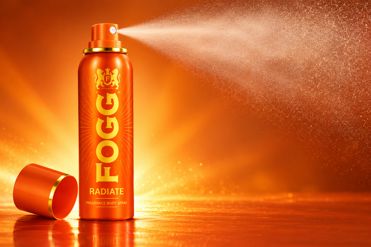 FOGG Radiate 120ml fragrance body spray can in metallic orange with gold branding, shown spraying a fine fragrance mist against a glowing orange and gold background for a premium deodorant advertisement.