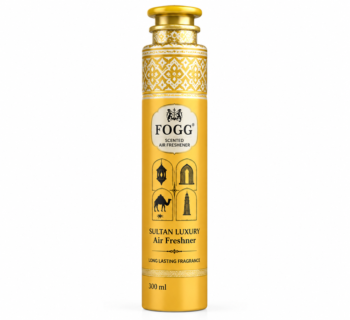 FOGG Sultan Luxury air freshener 300ml gold can with ornate decorative packaging on a clean white background.