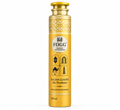 FOGG Sultan Luxury air freshener 300ml gold can with ornate decorative packaging on a clean white background.
