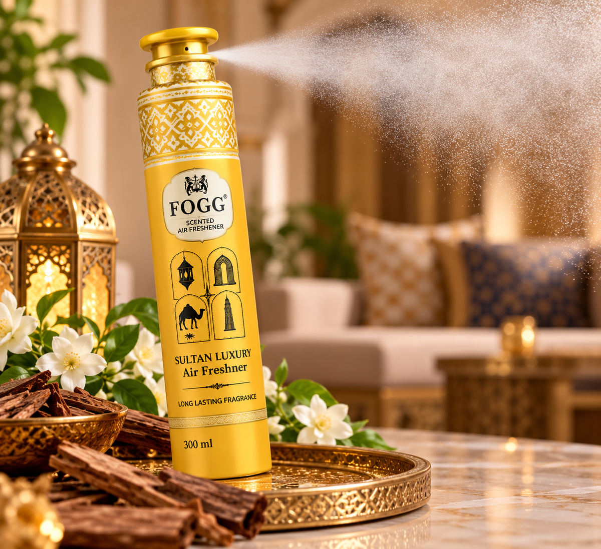 FOGG Sultan Luxury air freshener 300ml in a gold can spraying a fine mist in an elegant Arabian-inspired living room with decorative lanterns and white flowers.