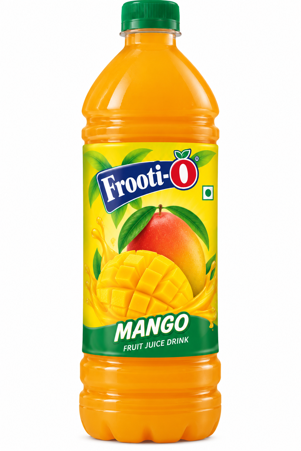 Frooti O Mango Juice 500ml plastic bottle featuring a green cap, bright yellow and green label, fresh ripe mango and mango slice illustrations, orange-yellow juice, and Frooti O branding.
