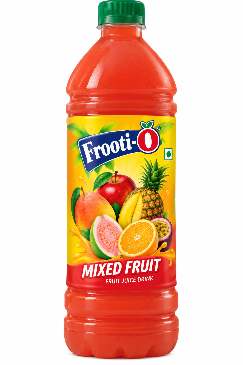 Frooti O Mix Fruit Juice 500ml plastic bottle featuring a green cap, bright yellow and red label, colourful mixed fruit illustrations including mango, apple, pineapple, guava and orange, with Frooti O branding.