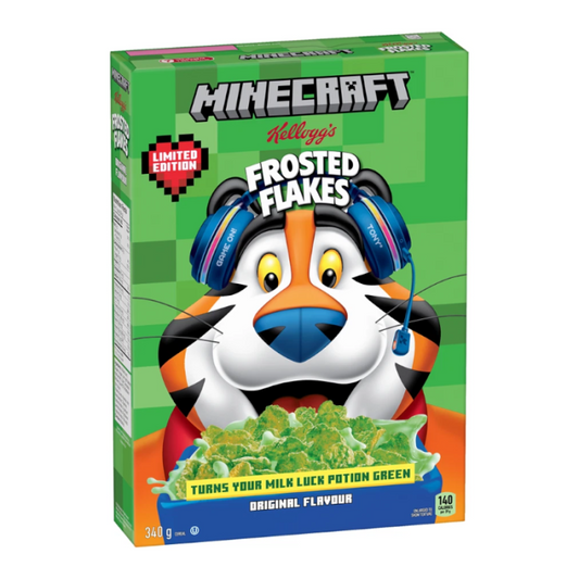 Kellogg’s Frosted Flakes Minecraft Edition cereal 340g in a Canadian import box, featuring bright green Minecraft artwork, Tony the Tiger, and frosted cornflakes branding.