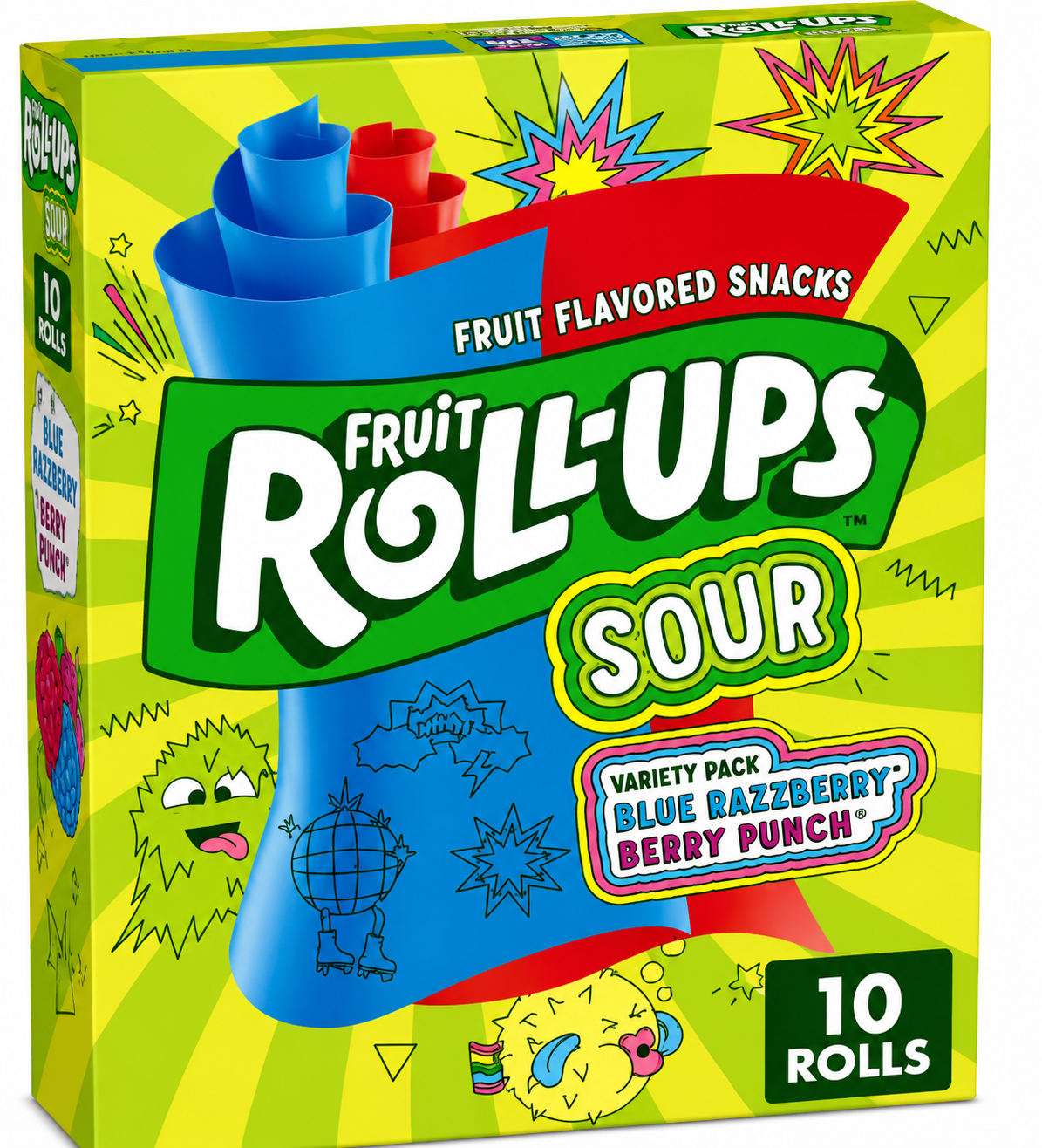 Fruit Roll-Ups Sour Variety Pack 10 Rolls front packaging featuring Blue Razzberry and Berry Punch fruit flavoured snack rolls.