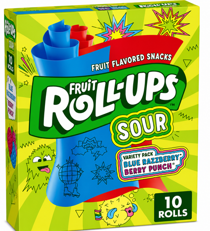 Fruit Roll-Ups Sour Variety Pack 10 Rolls front packaging featuring Blue Razzberry and Berry Punch fruit flavoured snack rolls.