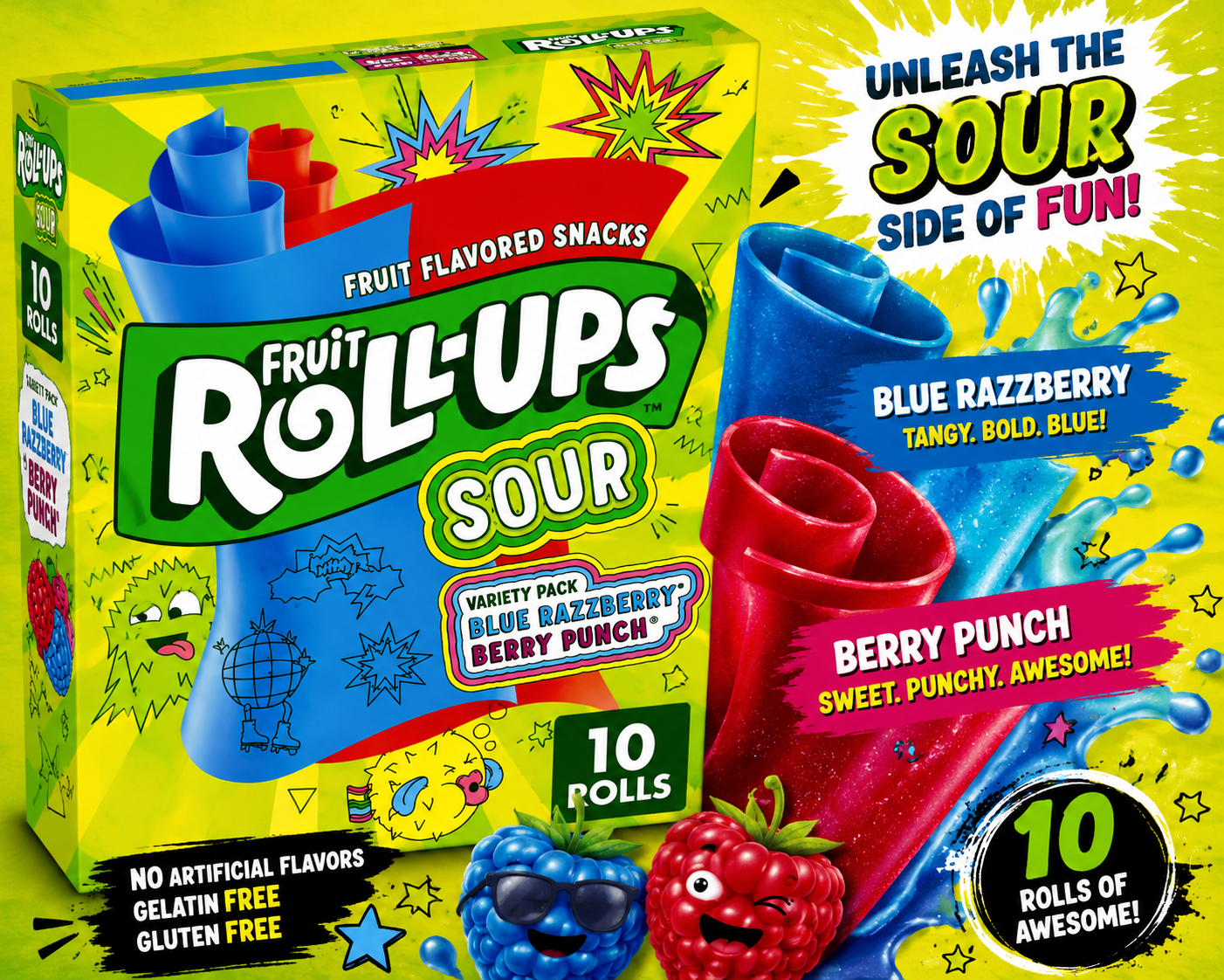 Fruit Roll-Ups Sour Variety Pack product display showcasing colourful sour fruit snack rolls in Blue Razzberry and Berry Punch flavours.