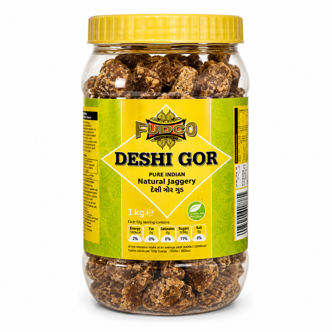 Fudco Deshi Gor Pure Indian Natural Jaggery 1kg front packaging featuring traditional Indian jaggery made from natural sugarcane with no artificial additives.