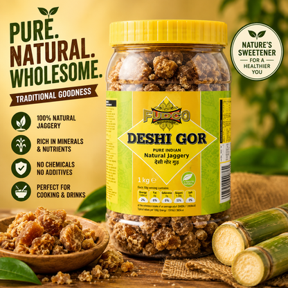 Premium lifestyle image of Fudco Deshi Gor Natural Jaggery presented with sugarcane and jaggery pieces, showcasing its rich traditional flavour and natural sweetness for cooking, desserts and beverages.