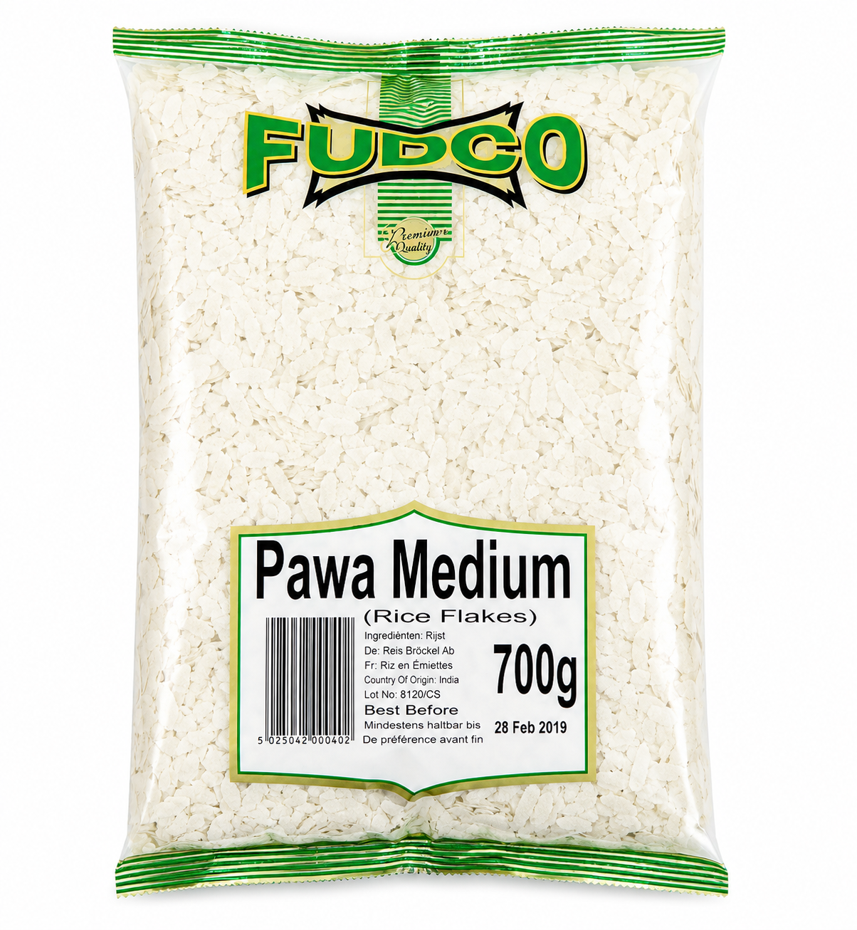 Fudco Pawa Medium Rice Flakes 700g front packaging featuring premium quality medium rice flakes, perfect for preparing authentic Indian poha and light, nutritious meals.