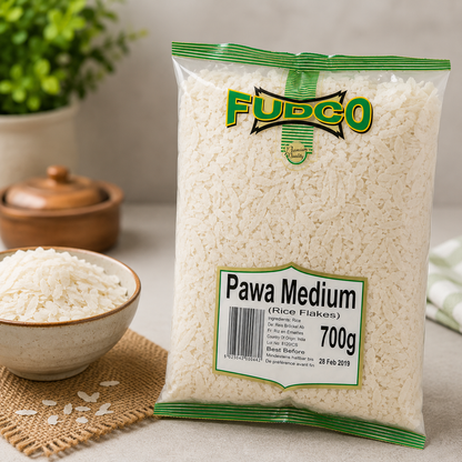 Premium lifestyle image of Fudco Pawa Medium Rice Flakes 700g displayed alongside a bowl of flattened rice in a modern kitchen setting, ideal for healthy Indian breakfast recipes and everyday cooking.