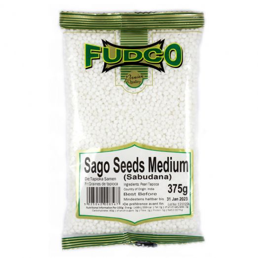 Fudco Sago Seeds Medium 375g pack – clear bag with green and gold Fudco branding filled with white sabudana pearls.
