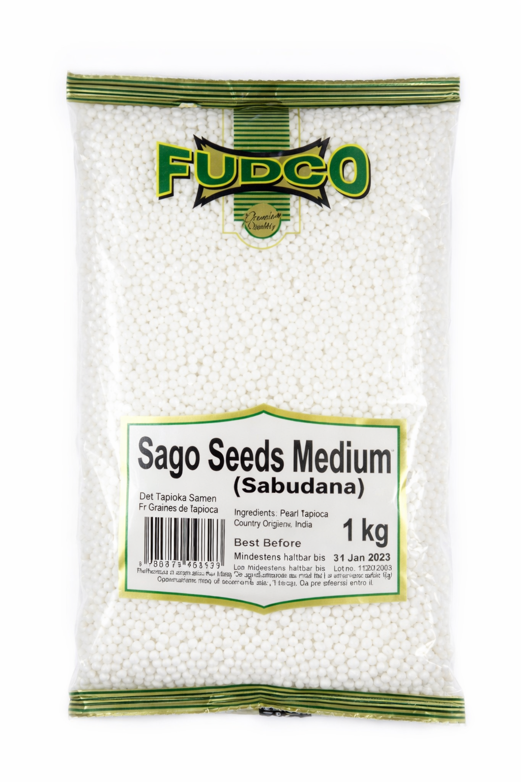 Fudco Sago Seeds Medium 1kg pack – large transparent bag with green Fudco logo and label, containing white tapioca pearls.