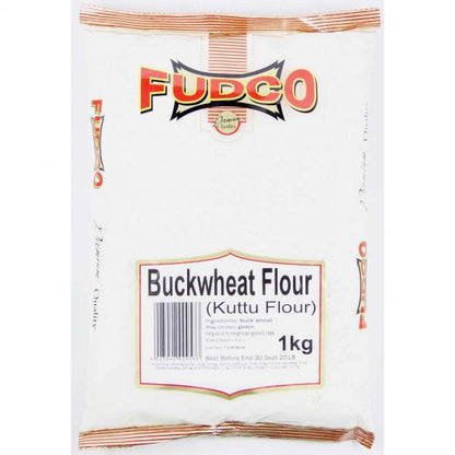 Fudco Buckwheat Flour (Kuttu Flour) 1kg pack in white packaging with red and yellow Fudco logo and front label showing product name and weight.