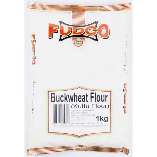 Fudco Buckwheat Flour (Kuttu Flour) 1kg pack in white packaging with red and yellow Fudco logo and front label showing product name and weight.