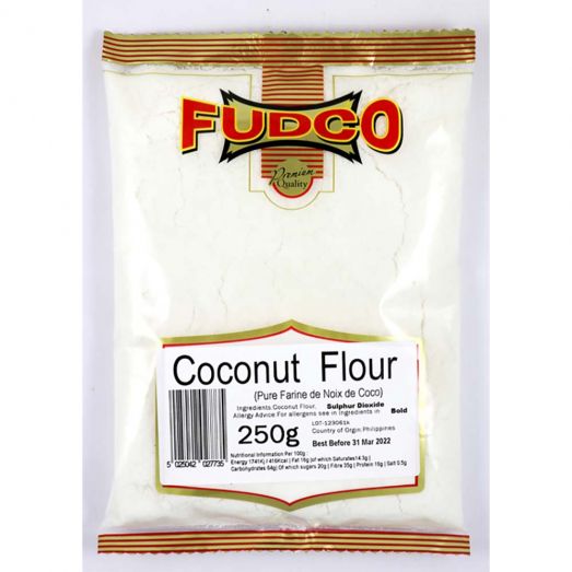 Fudco Coconut Flour 250g pack with white packaging and red Fudco logo, showing fine coconut flour inside and barcode on the front label.