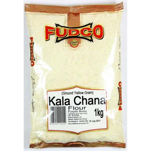 Fudco Kala Chana Flour 1kg pack – ground yellow gram (black chickpea) flour in clear plastic packaging with red and gold Fudco branding.
