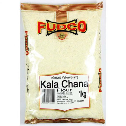 Fudco Kala Chana Flour 1kg pack – ground yellow gram (black chickpea) flour in clear plastic packaging with red and gold Fudco branding.