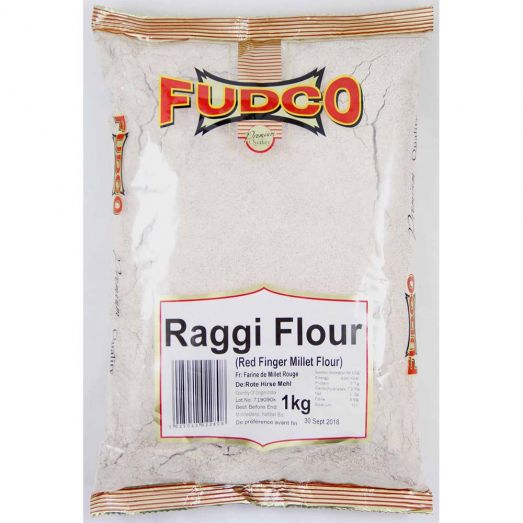 Fudco Raggi Flour 1kg pack – clear plastic bag with bold Fudco logo and white label reading “Raggi Flour (Red Finger Millet Flour)” on the front.