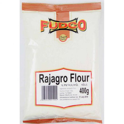 Fudco Rajagro Flour 400g pack in clear packaging with red and yellow Fudco logo and front label displaying product name and weight.