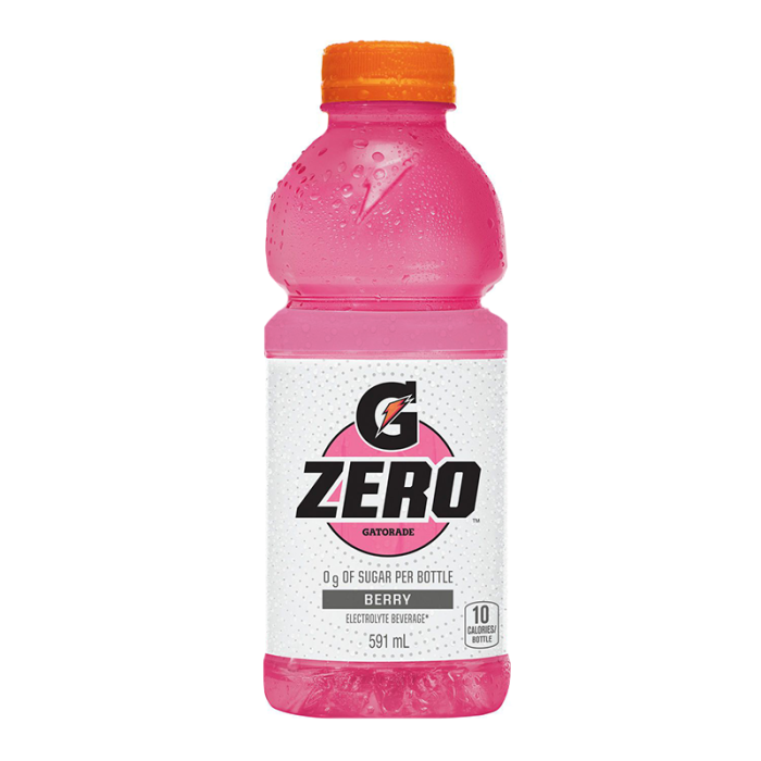 Gatorade Zero Berry 591ml Canadian edition bottle featuring sugar-free formula and electrolytes