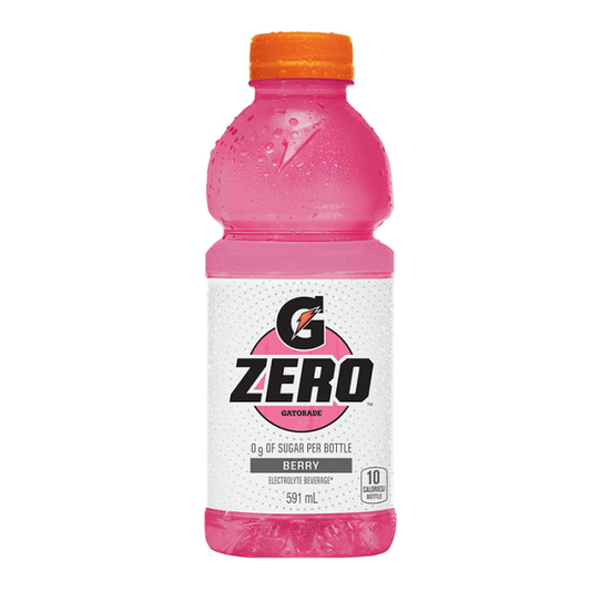 Gatorade Zero Berry 591ml Canadian edition bottle featuring sugar-free formula and electrolytes