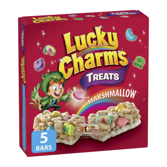 General Mills Lucky Charms Treat Bars 120g five-pack in Canadian packaging, featuring colourful rainbow design, marshmallow cereal pieces, and Lucky the Leprechaun.
