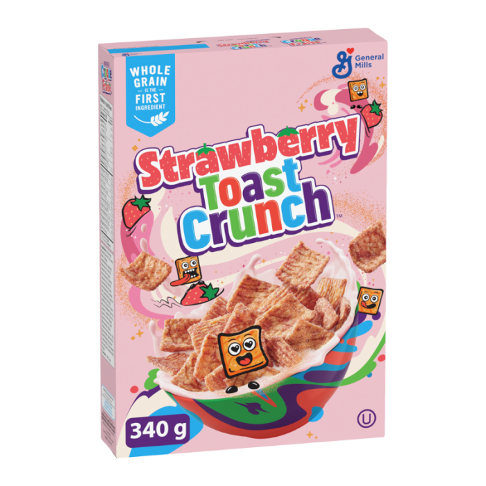 Box of General Mills Strawberry Toast Crunch cereal, highlighting its fun, crispy toast-shaped pieces with a blend of cinnamon and strawberry flavor.