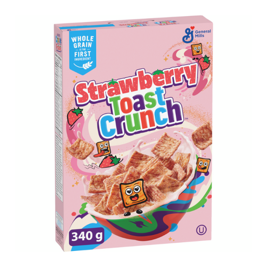 Box of General Mills Strawberry Toast Crunch cereal, highlighting its fun, crispy toast-shaped pieces with a blend of cinnamon and strawberry flavor.