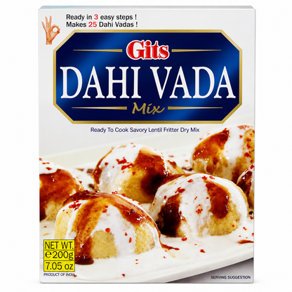 Gits Dahi Vada Mix 200g front packaging featuring an authentic Indian savoury lentil fritter mix that is ready in 3 easy steps.