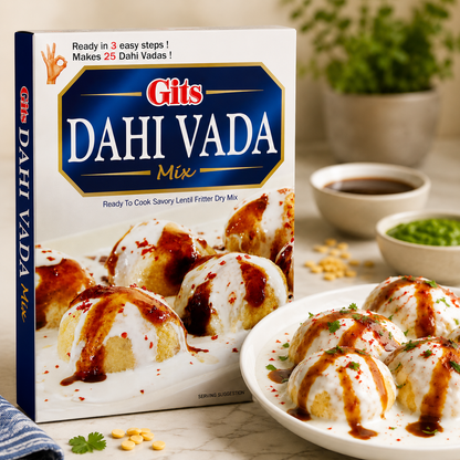 Premium lifestyle image of Gits Dahi Vada Mix served as soft and fluffy dahi vadas topped with creamy yogurt, tangy tamarind chutney and traditional Indian spices, perfect for festive and everyday meals.