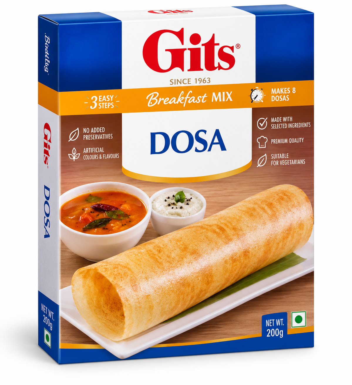 Gits Dosa Breakfast Mix 200g in blue, white and orange packaging featuring the Gits logo, Dosa branding, and a serving suggestion of a golden crispy rolled dosa with sambar and coconut chutney.