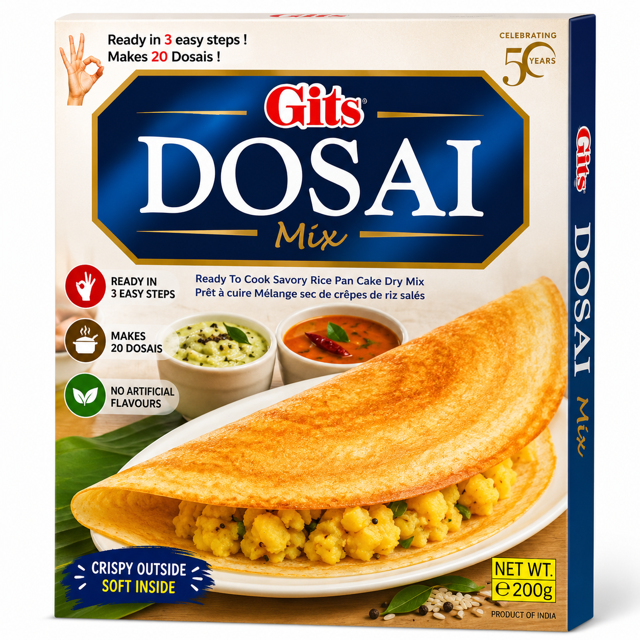 Gits Dosai Mix 200g front packaging featuring an authentic South Indian rice dosa mix that is quick and easy to prepare at home.