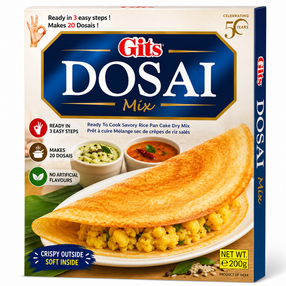 Gits Dosai Mix 200g front packaging featuring an authentic South Indian rice dosa mix that is quick and easy to prepare at home.