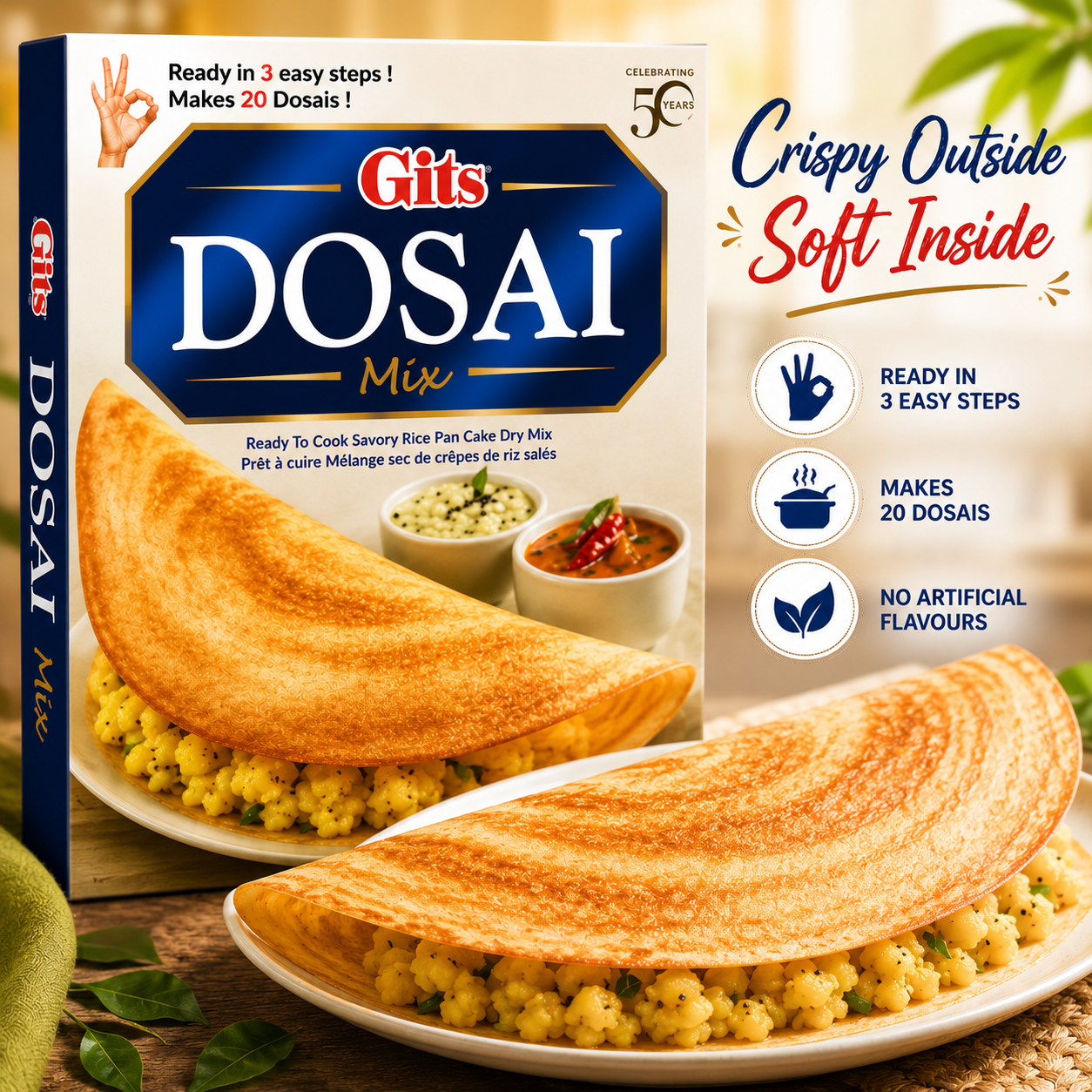 Premium lifestyle image of Gits Dosai Mix served as crispy golden South Indian dosas with coconut chutney and sambar, showcasing an authentic and delicious breakfast or snack option.