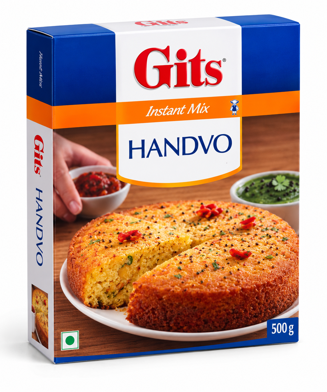 Gits Handvo Instant Mix 500g box featuring blue, white, orange, and brown packaging with the red Gits logo, bold HANDVO lettering, and an image of golden, savoury handvo garnished with herbs and red chillies, served with red and green chutneys against a clean white background.