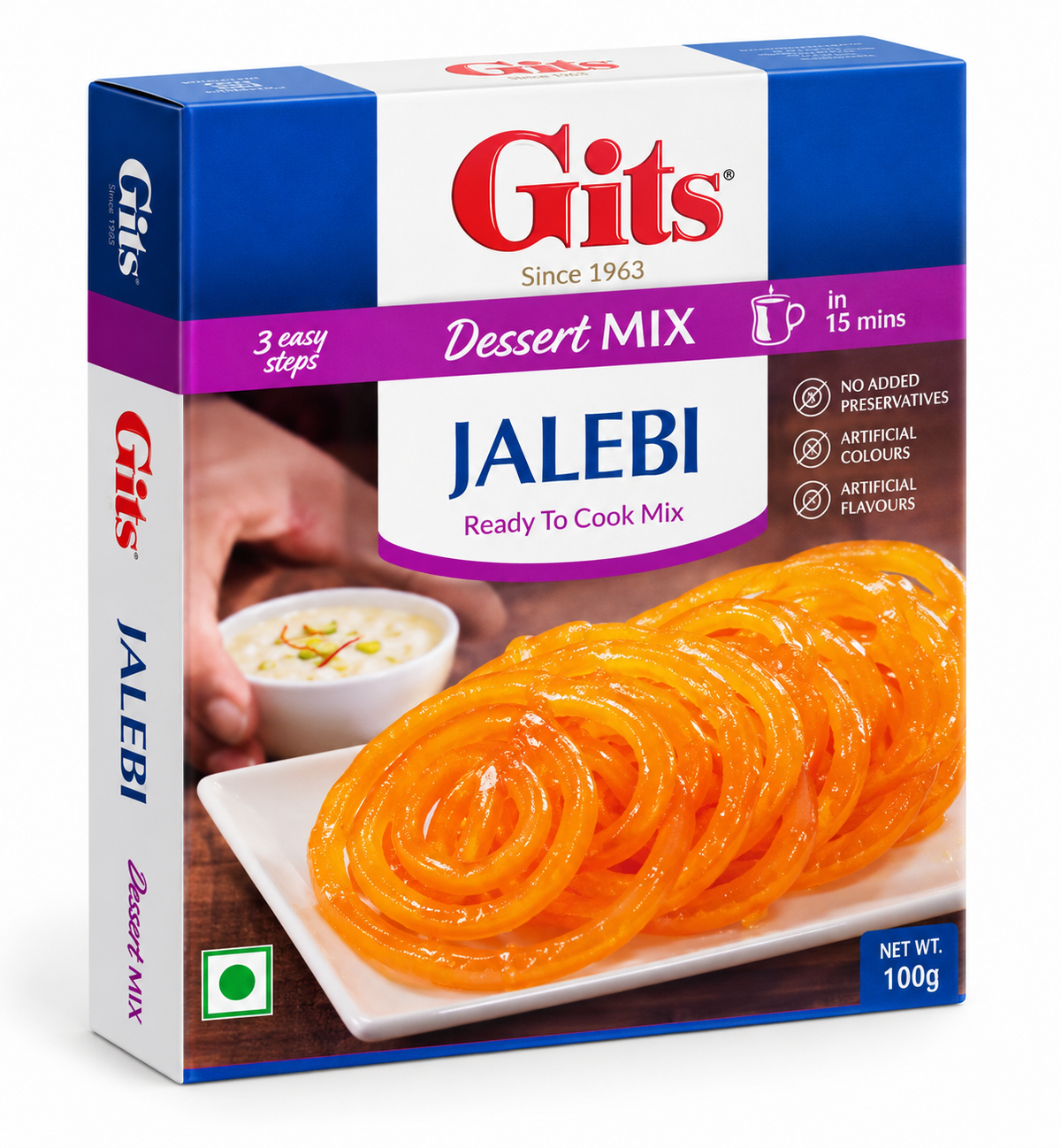 Gits Jalebi Dessert Mix 100g featuring a rectangular box with white, dark blue, purple, and brown packaging, the iconic red Gits logo, and prominent Jalebi Ready to Cook Mix branding. The front of the pack showcases glossy, golden-orange spiral jalebis arranged on a white plate, accompanied by a bowl of creamy dessert garnish. The packaging highlights a convenient three-step preparation process, preparation in approximately 15 minutes, and no added preservatives, artificial colours, or artificial flavours. 