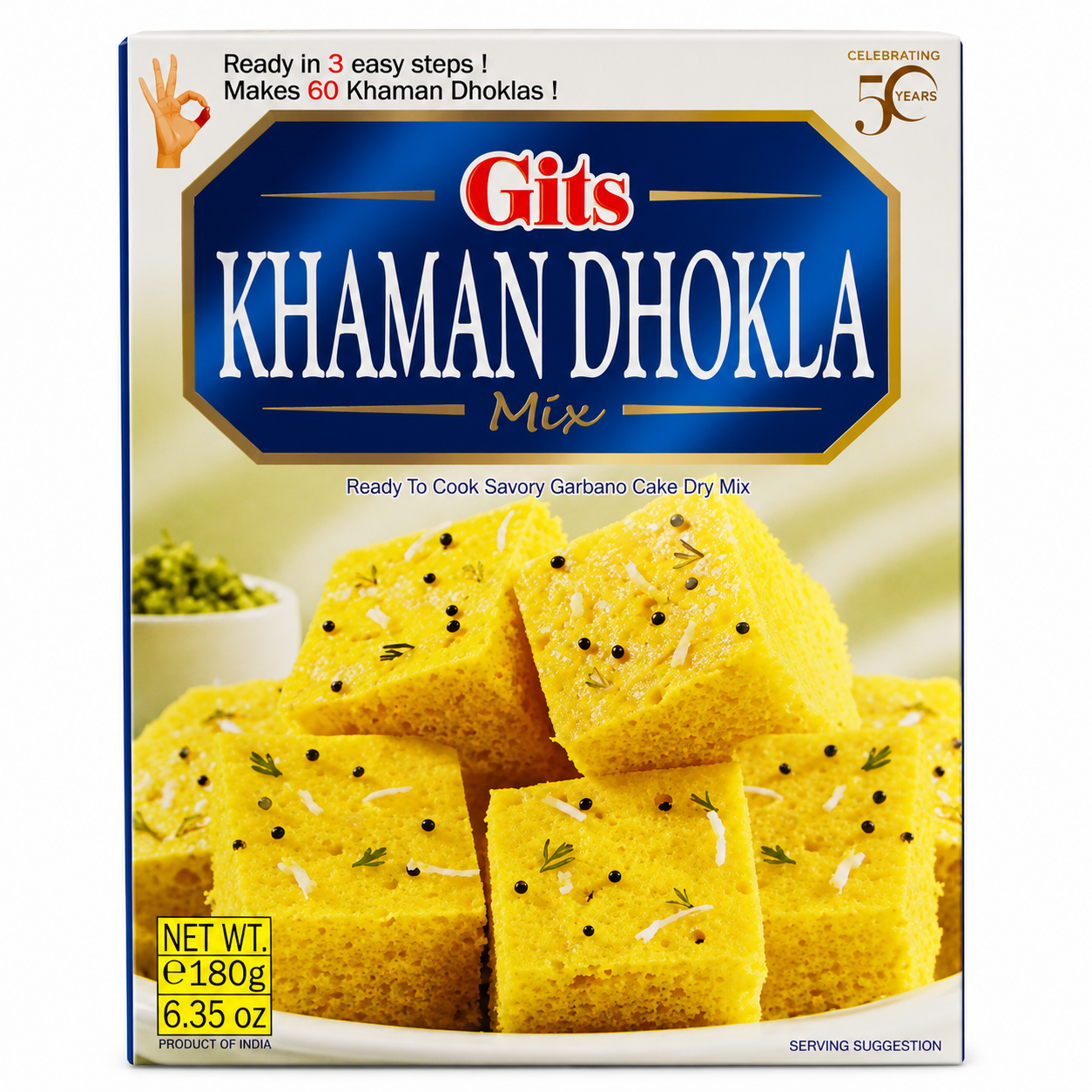Gits Khaman Dhokla Mix 180g front packaging featuring an authentic Indian savoury gram flour cake mix that is ready in 3 easy steps.