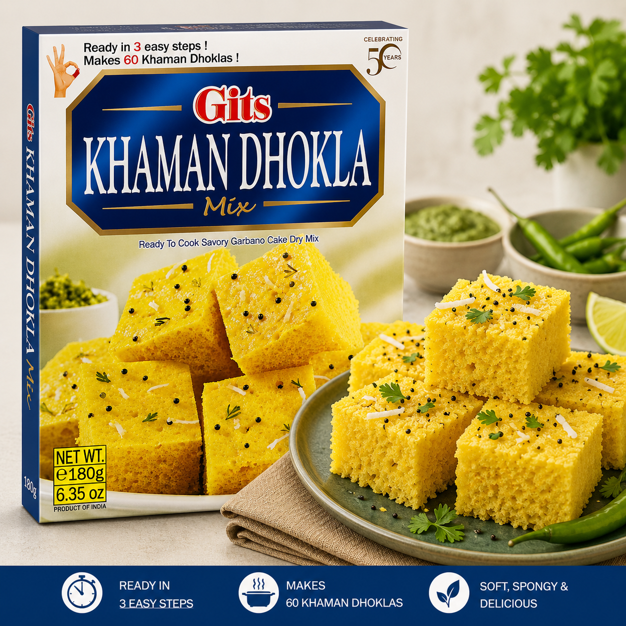 Premium lifestyle image of Gits Khaman Dhokla Mix served as soft, fluffy and delicious traditional Indian Khaman Dhokla garnished with mustard seeds, coriander and coconut shavings.