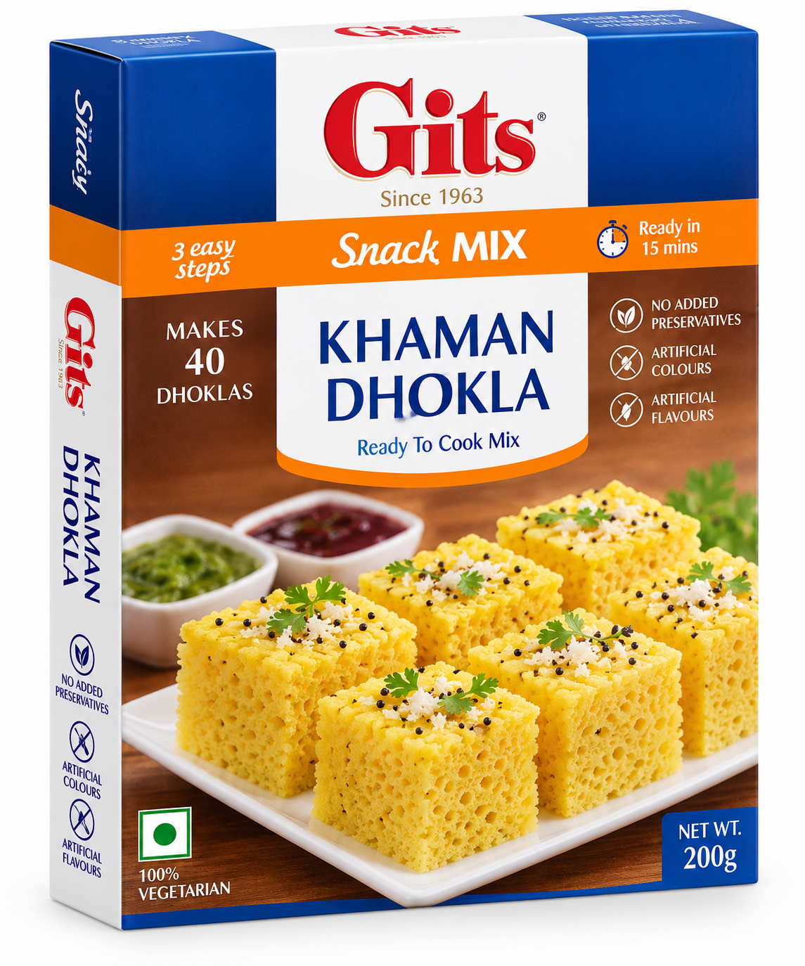 Gits Khaman Dhokla Snack Mix 200g featuring a rectangular box with white, dark blue, orange, and brown packaging, the iconic red Gits logo, and prominent Khaman Dhokla Ready to Cook Mix branding. The front of the pack showcases soft, fluffy yellow dhokla cubes garnished with fresh coriander leaves, mustard seeds, and grated coconut, served alongside green and red chutneys. The packaging highlights a convenient three-step preparation process, preparation in approximately 15 minutes, and no added preservative