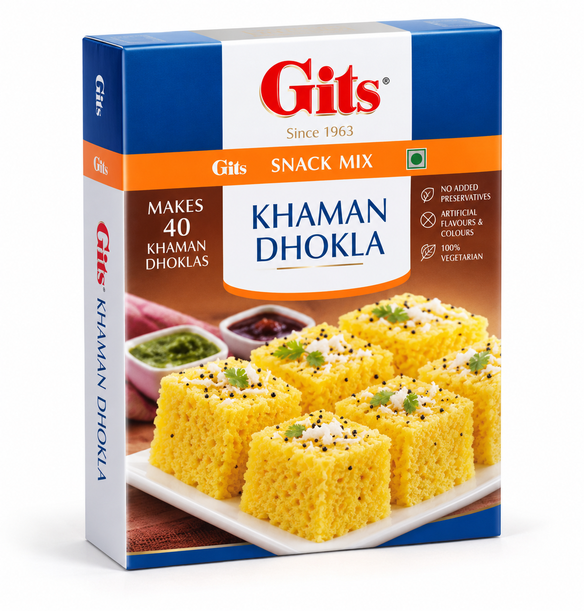 Gits Khaman Dhokla Mix 500g box featuring blue, white and orange packaging, with soft yellow dhokla squares garnished with herbs and served with green and tamarind chutneys.